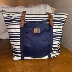 Ralph Lauren Navy and White Striped Tote with Brown Accents